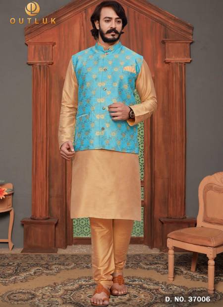 Sky Blue Colour Traditional Jacquard Silk Party Wear Kurta Pajama With Jacket Mens Collection 37006